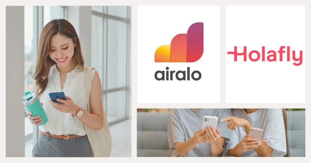 mujer sonriente usando internet en su celular con Airalo esim