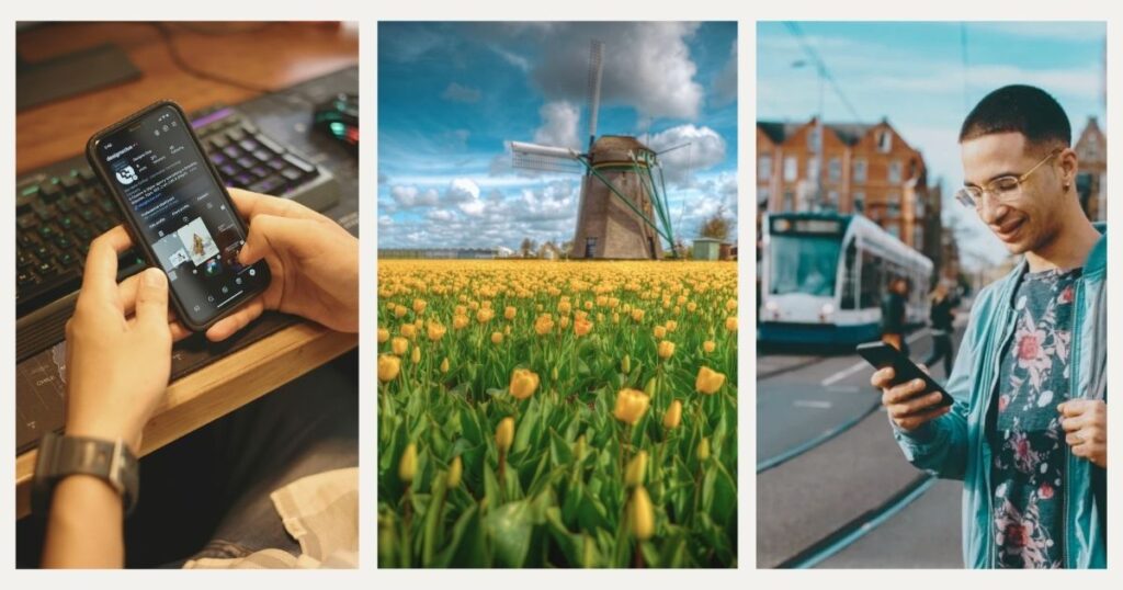 hombre sonriente navegando en internet en su celular en Paises Bajos