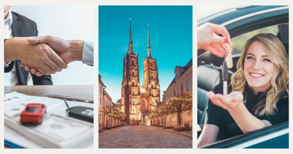 mujer joven sonriente reservando coche en Polonia