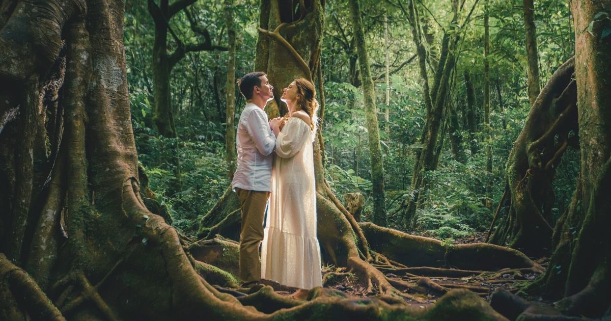 couple in a romantic forest in Bali