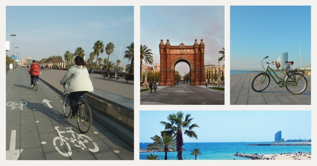 people riding a rental bike in Barcelona