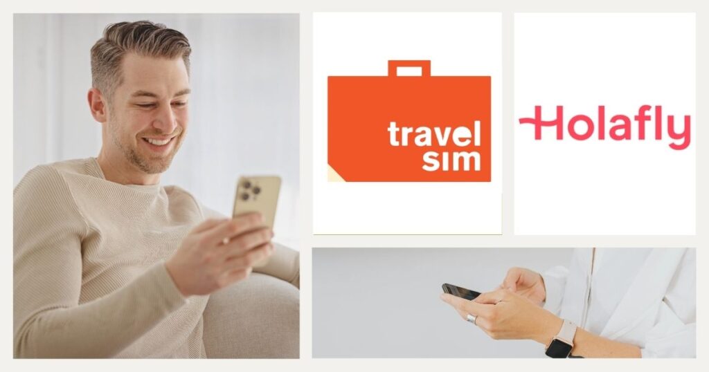 hombre sonriente navegando en internet con esim en su celular