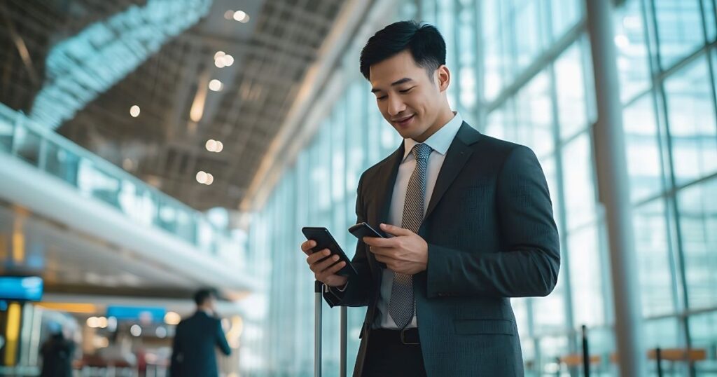 man navigating on internet at Barcelona airport