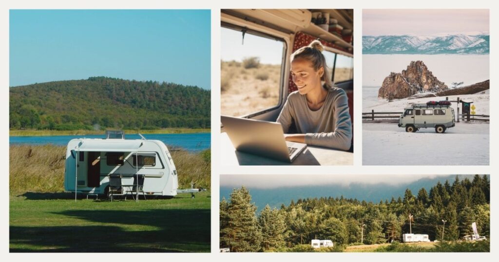mujer nomada digital trabajando desde su caravana