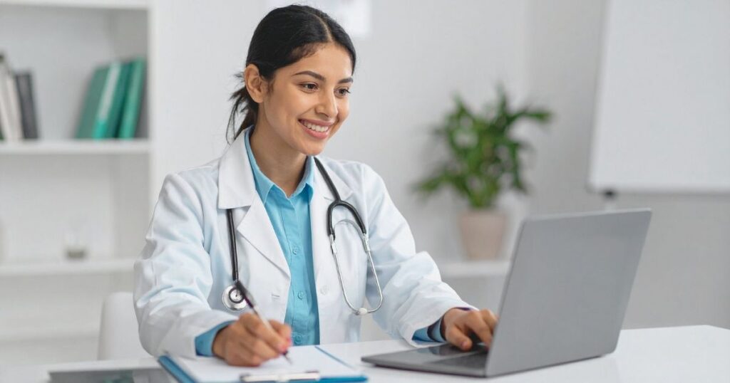 smiling doctor in an online appointment