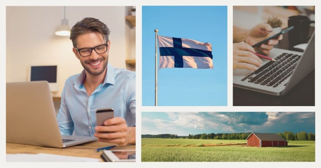 hombre sonriente usando internet en su viaje a Finlandia