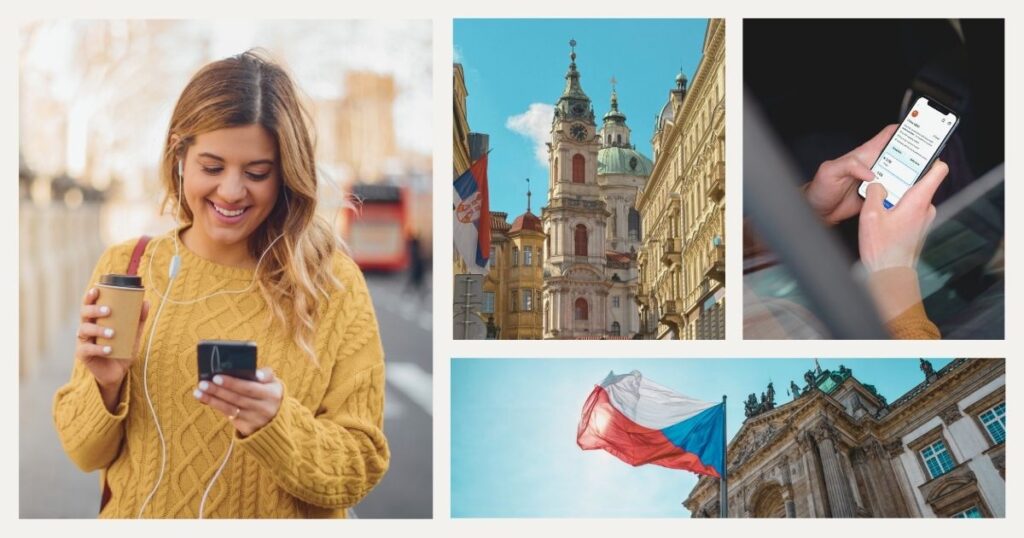 mujer sonriente usando esim en Republica Checa