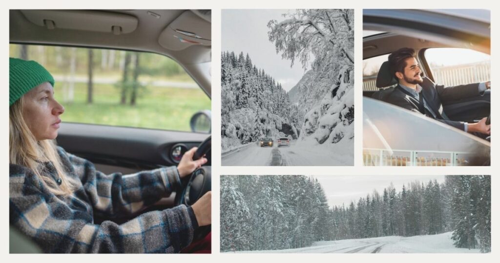 mujer y hombre conduciendo coche alquilado en Finlandia